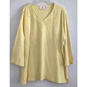Top/Blouse-Quacker Factory-Yellow-V-Neck-Rhinestones-Sequins-3/4 Sleeves-XL
